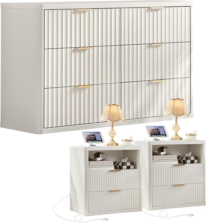 LEYAOYAO Fluted Dresser and 2 Drawers Nightstand Set of 2, Wood 48" Wide Dresser & 23" Night Stand with Charging Station, 3 Piece Bedroom Furniture Set, Chest of Drawers for Living Room,Antique White