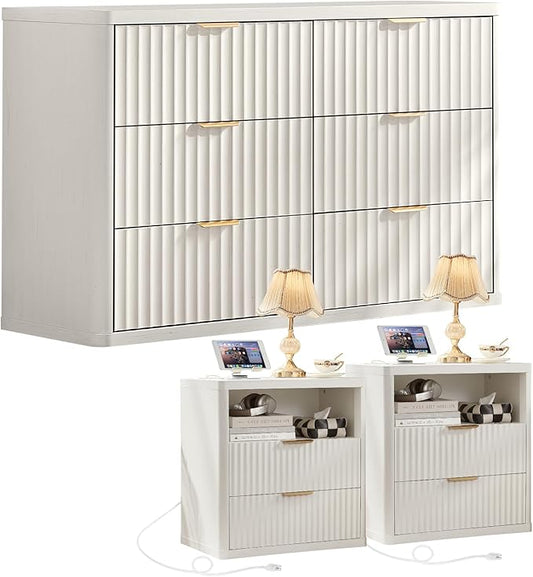 LEYAOYAO 48" Wide Fluted Dresser and 2 Drawers 23" Nightstand Set of 2,Wooden Dresser & Night Stand with Charging Station, 3 Piece Bedroom Furniture Set,Chest of Drawer for Living Room,Antique White