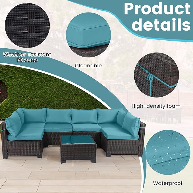CHABATREE 7 Pieces Outdoor Patio Furniture Sets,Rattan Conversation Sectional Set,Manual Weaving Wicker Patio Sofa with Tea Table