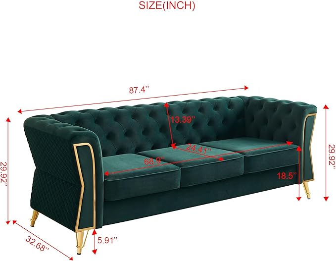 KEIKI 87" Chesterfield Velvet Button Tufted Sofa with High Density Foam Cushions, Modern Style 3-Seater Couch with Gold Strip Trim Decoration, Easy Assembly, for Apartment, Living Room, Office, Green
