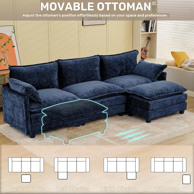 Modular Sectional Cloud Couch, 3 Seat Convertible Sectional Couches Sofa with Ottoman, Convertible L-Shape Cloud Sectionals Couches for Living Room, Apartment, Blue