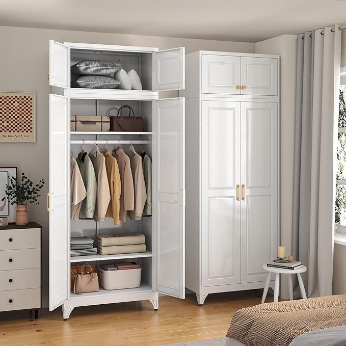 SteeLoong 86" Metal Armoire Wardrobe Closet with Doors,White Tall Clothing Storage Cabinet with Adjustable Shelves and Hanging Rod,Wardrobe Closet for Bedroom,Home,Office,Gym