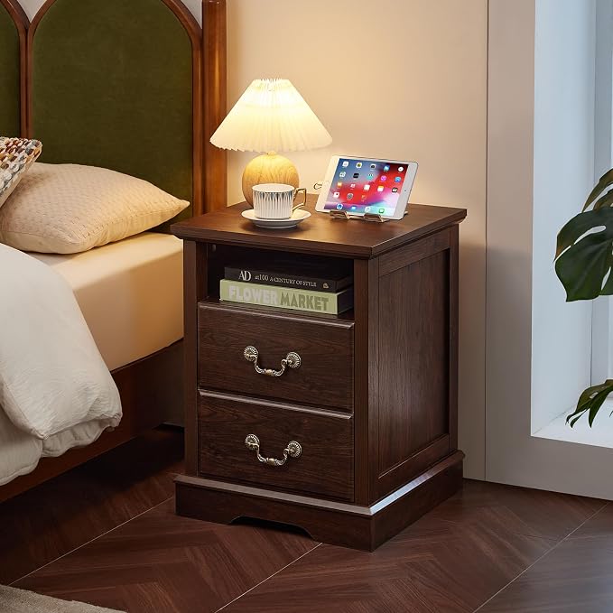 Farmhouse Nightstands Set of 2 with Charger Station, 2 Drawers Night Stand with Storage Shelf, Rustic Brown 18" Wide Wood Bedside Table, Bed Side End Tables for Bedroom, Living Room,Walnut - Image 8