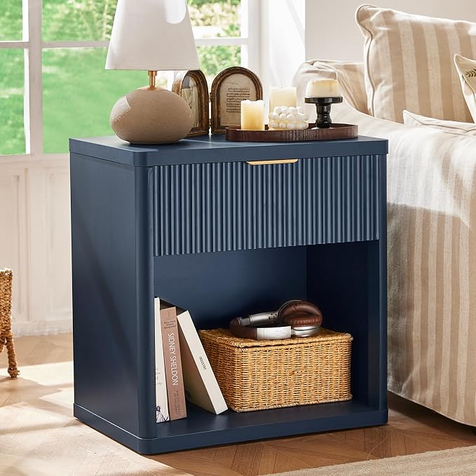 LEYAOYAO Fluted Nightstand with Charging Station, 23" Wide 1 Drawers End Table,Blue Night Stand with Open Storage Cabinet, Farmhouse Bed Side Tables, Wood Dresser for Bedroom, Living Room, Closet by LEYAOYAO-Findtheshiningpointofyourideallife%EF%BC%81