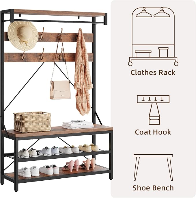 IDEALHOUSE Coat Rack Shoe Bench Industrial Hall Tree Storage Bench for Entryway Wood Look Accent Large Shoe Rack with Storage Shelf Hanging Bar,8 Hooks Grey 39.9"x15.7"x72" - Image 5