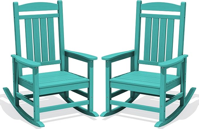 KINGYES Oversized Outdoor Rocking Chair Set of 2, High Density Polyethylene Patio Rocking Chairs with 350lbs Support for Adults, Aruba Blue by KINGYES