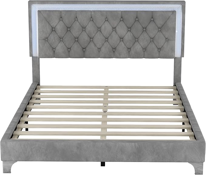 3-Pieces Bedroom Sets, Harper & Bright Designs Queen Size LED Velvet Platform Bed Frame with LED Lights & Tufted Headboard, Wood Slat Support, No Box Spring Needed, Easy Assembly (Grey)