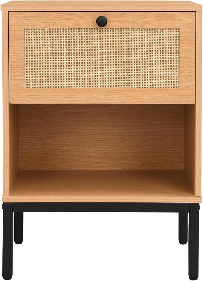Yechen Set of 2 Rattan Nightstands with Drawer & Open Shelf, Boho Bedside Table with Natural Cane, Wood End Table with Metal Legs for Bedroom, Small Spaces, Brown - Image 9