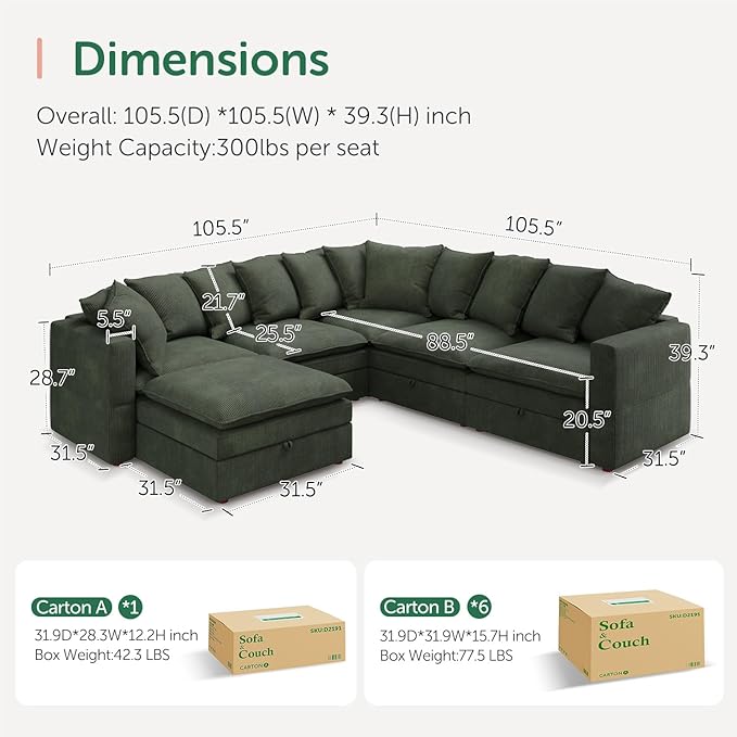 HONBAY Modular Sectional Sofa, 6 Seat U Shaped Corduroy Couch with Storage & Pillows, Convertible Sectional Couches for Living Room, Green