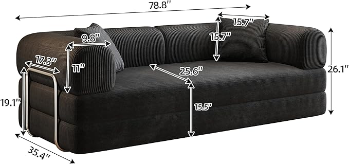 Ball & Cast 78.8" No-Assembly Compressed Sofa Bed, Convertible Floor Futon Couch with Pillow Backrest & Armrest, Boneless Modular Sleeper Sofa in Corduroy for Living Room Bedroom, Black