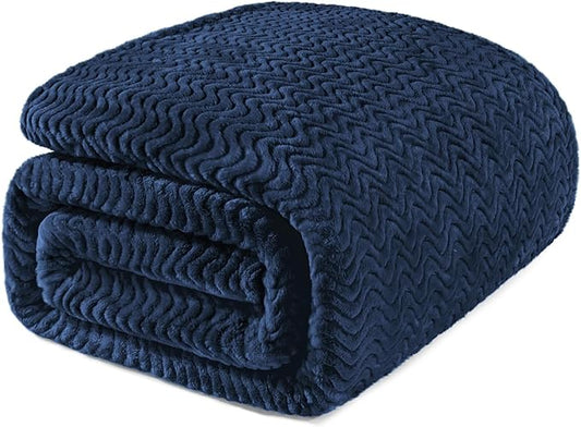 Exclusivo Mezcla Twin Blanket for Bed, Cozy Lightweight Fleece Blankets for All Season, Decorative Giftable Fuzzy Plush Wave Textured Suitable for Women, Men, Navy Blue, 90x66 Inches