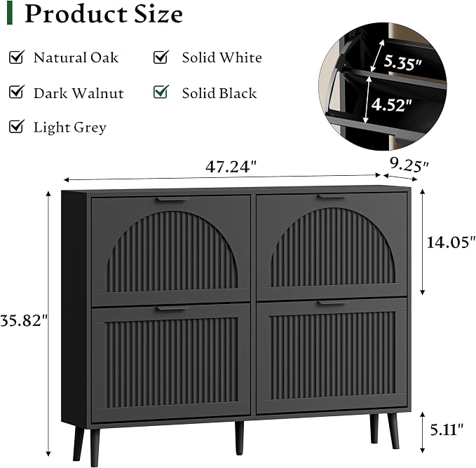 Xixini Shoe Storage Cabinet with 4 Flip Drawers, 36" Freestanding Wood Fluted Shoe Organizer for Entryway, Tall Narrow Wooden Hidden Slim Shoe Rack for Front Door Entrance, Hallway, Foyer, Solid Black - Image 2