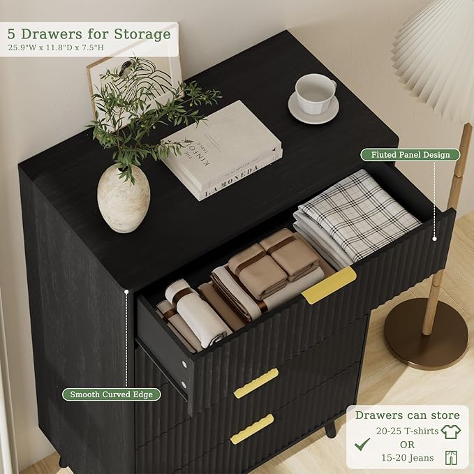 LYNSOM Fluted Dresser and Nightstand Sets 3 Piece, 5-Drawers Dresser and 2-Drawer Nightstands Set of 2, Wood Bedroom Furniture Set for Home, Bedroom, Hallway, Black