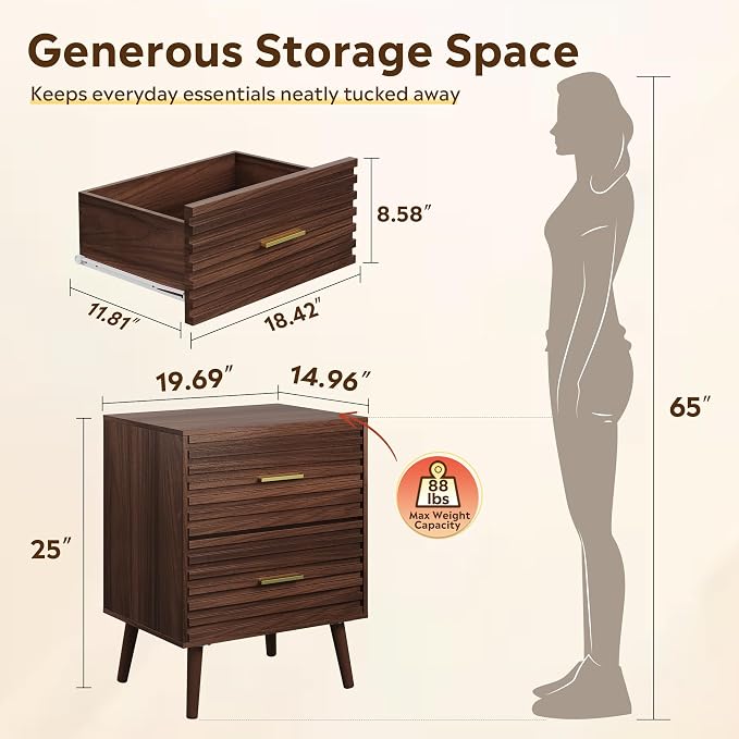 WLIVE Mid Century Modern Nightstand, Fluted Wood Bedside Table with Two Drawers, Brown Night Stand for Bedroom - Image 2