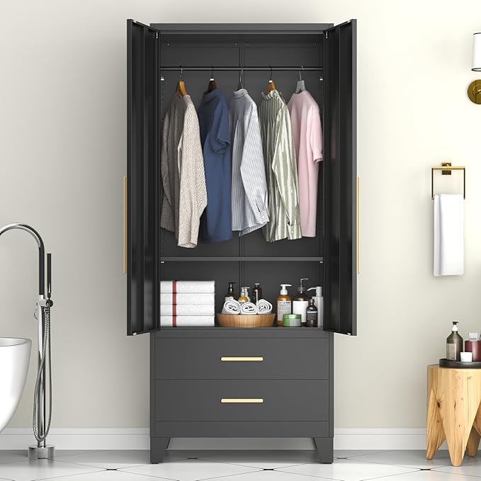 75.3" Tall Metal Armoire Wardrobe Closet with 2 Doors and 2 Drawers, Adjustable Hanging Rod and Adjustable Shelf, Freestanding Storage Cabinet Organizer for Bedroom, Office, Laundry Room，Black
