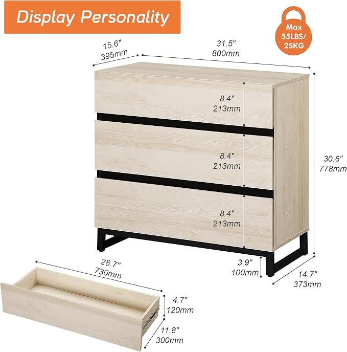 WAMPAT Nightstand with 3 Drawers for Bedroom, Modern Bedside Table with Black Square Metal Leg, Wood Rustic Side End Table, Beige, 2 Pcs - Image 3