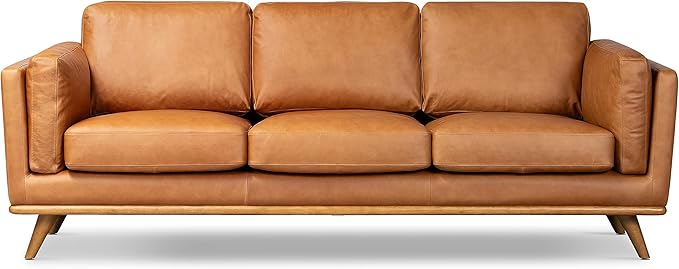 Poly & BARK Cadiz 90" Sofa – Saddle Tan Full-Grain Pure-Aniline Italian Leather, Feather-Down Cushions, Solid Rubberwood Base & Legs - Saddle Tan