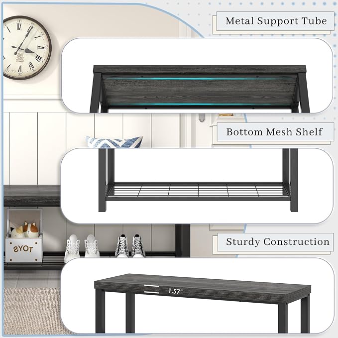 FOLUBAN Shoe Storage Bench, Modern Entryway Bench with Metal Shelf, Industrial Indoor Shoe Bench Seat for Bedroom, Hallway, Living Room, Dark Gray, 47 Inch - Image 6