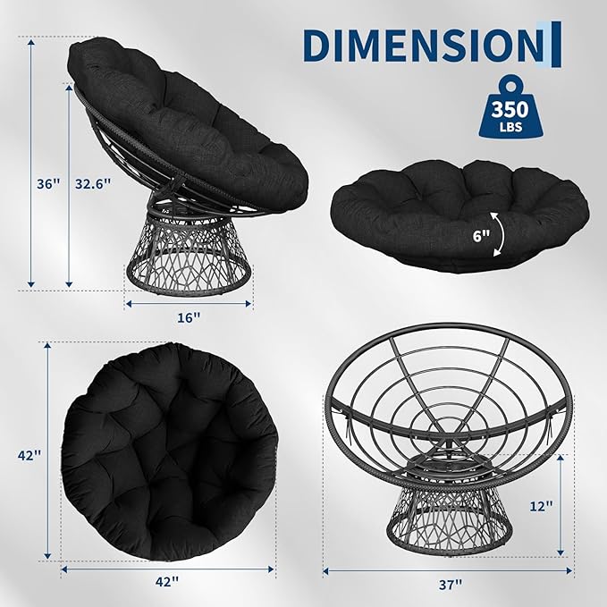Garvee Papasan Chair, 37" Ergonomic Wicker Papasan Chair with Extra-Thick Soft Fabric Cushion, Heavy-Duty Steel Frame, 360° Swivel Base for Living Room, Bedroom & Reading Nook – All Black