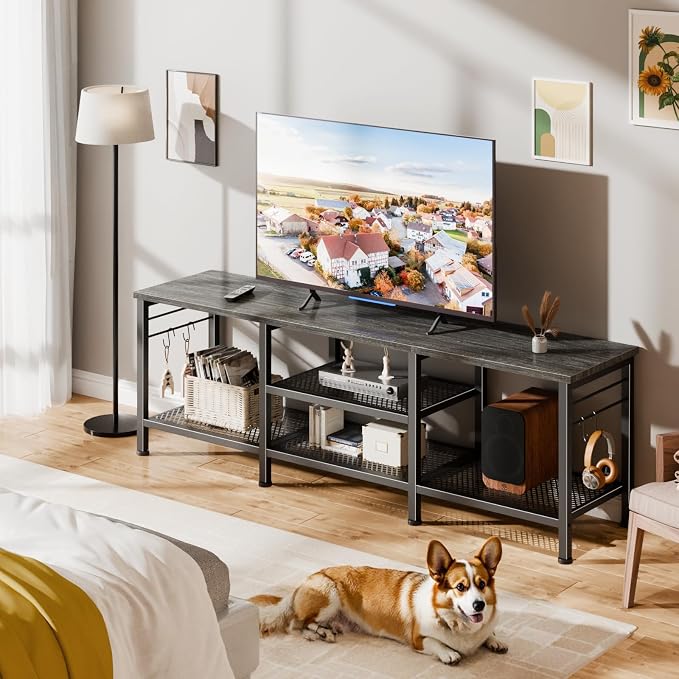 Furologee TV Stand for TVs up to 65 Inch, Entertainment Center with Open Storage Shelves, 55 Inch Television Stands with Soundbar Shelf for Living Room, Bedroom, Black Oak - Image 5