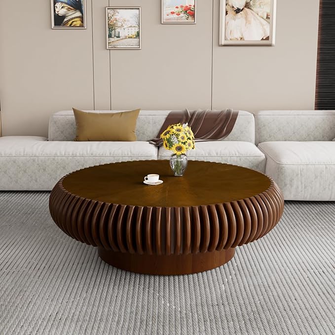 Fluted Drum Coffee Table Round Coffee Table for Living Room Mid Century Modern Coffee Tables with Sturdy Pedestal Circle Center Tea Table Accent Tea Table for Small Space Apartment (39.4inch Walnut)