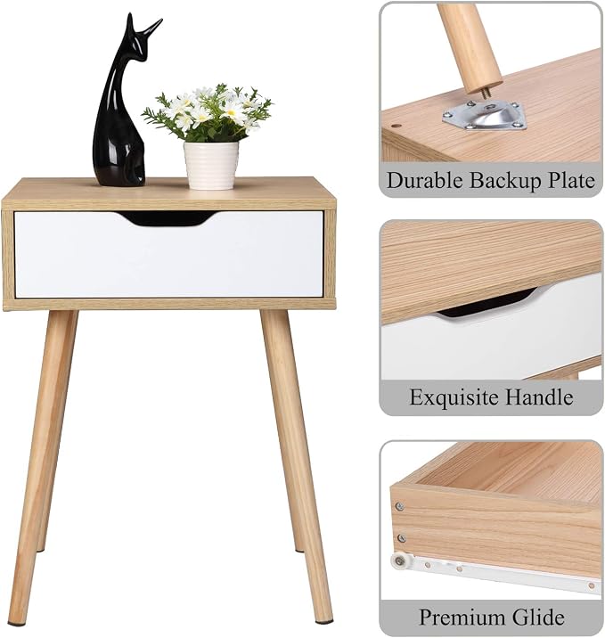 Bonnlo Wood Nightstands Set of 2 End Side Table with Spacious Drawer & Solid Wood Legs for Livingroom, Bedroom, Dorm - Image 4