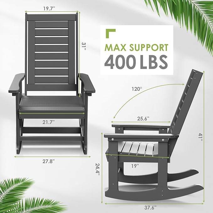 GREENVINES Outdoor Rocking Chairs | Set of 2 | Porch Rocker | HDPE Plastic | Grey | Oversized Rockers | High Back | Big & Tall | Ladder Back | for Patio Outside Backyard Balcony Garden - Image 3