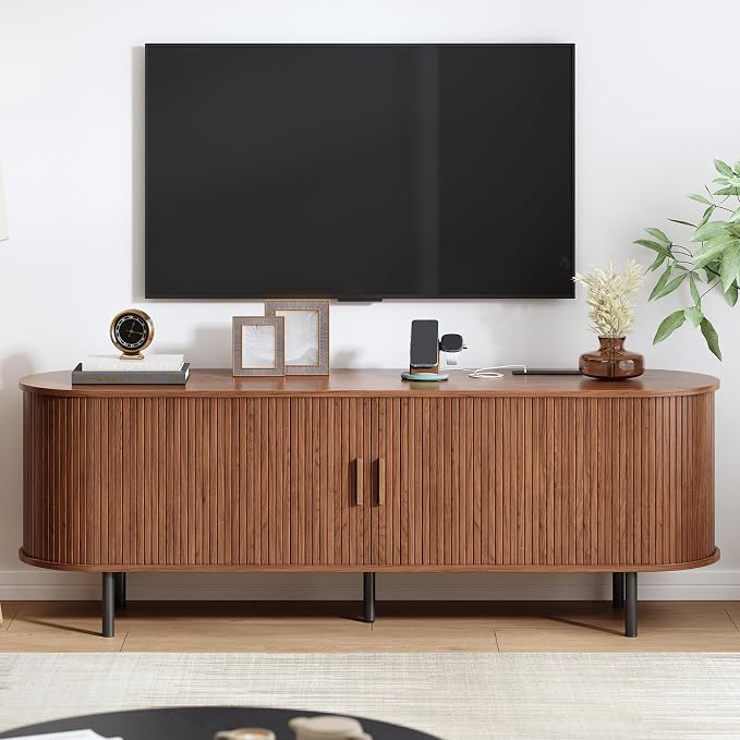 63" Fluted TV Stand with Power Outlet, Modern Media Console with Sliding Doors, Entertainment Center for TVs up to 60 Inch, Adjustable Shelves, Walnut - Image 7