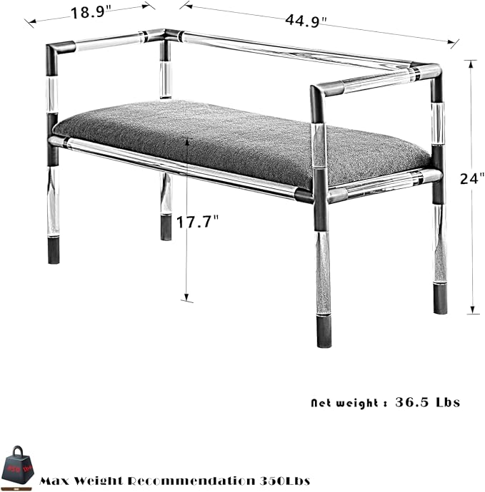 Bedroom Bench with Low Back, Acrylic and Stainless Steel Combination,Upholstered Seat(Yellow) - Image 2