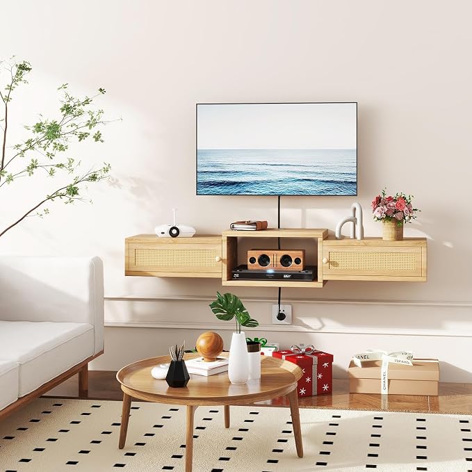 IBUYKE Modern Rattan Floating TV Stand with Doors,Wall Mounted TV Shelf for TVs up to 55 Inches,Media Console Entertainment Center for Under TV Storage Cabinet for Living Room Bedroom,Natural UWST012N - Image 6