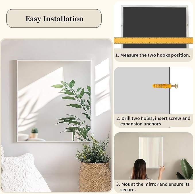 Sunniry Mirrors for Bathroom Sink, White Bathroom Mirror 24x24 inch, Wall Mirrors with Aluminum Metal Frame for Restroom, Cloakroom, Guest Room, Dressing Room. - Image 5