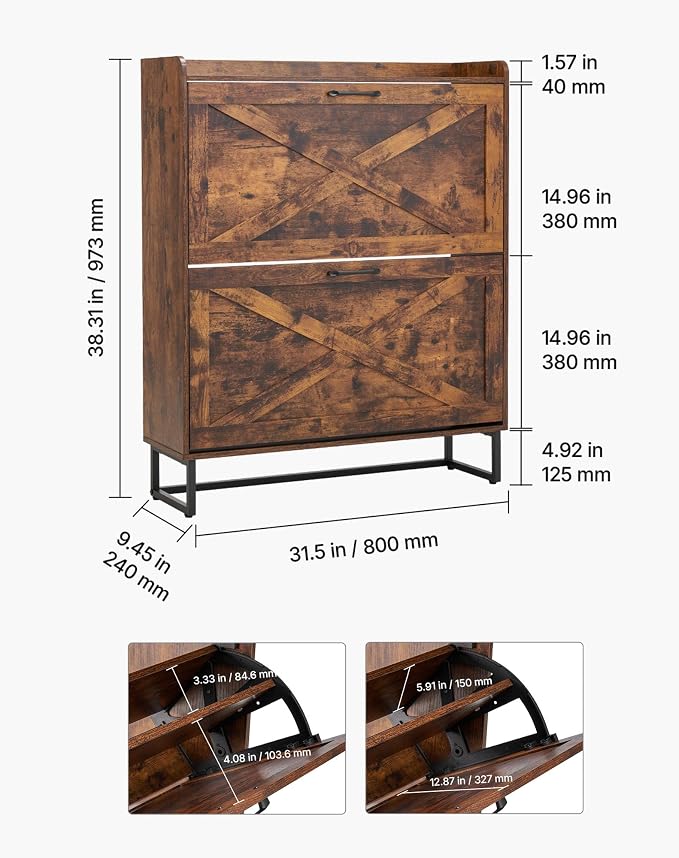 VEVOR Shoe Cabinet with 2 Flip Drawers, Farmhouse Shoes Storage Cabinet with Metal Legs and Anti-Tipping Device, Freestanding Shoe Organizer Ideal for Entryway, Hallway, Bedroom, Living Room, Brown - Image 3