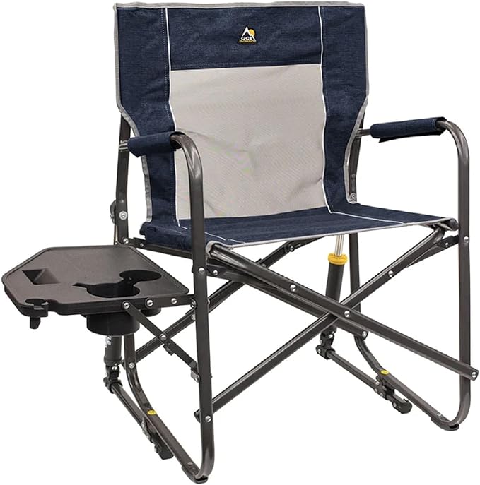GCI OUTDOOR Freestyle Rocker with Side Table Camping Chair | Portable Folding Rocking Chair with Solid, Durable Armrests, Drink Holder & Comfortable Backrest — Heathered Indigo by GCIOUTDOOR