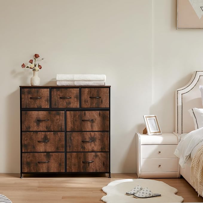 Sweetcrispy Dresser for Bedroom with 9 Storage Drawers, Large Fabric Storage Tower Organizer, Chest of Drawers with Metal Frame Wooden Top for Closet, Living Room, Entryway, Brown - Image 2