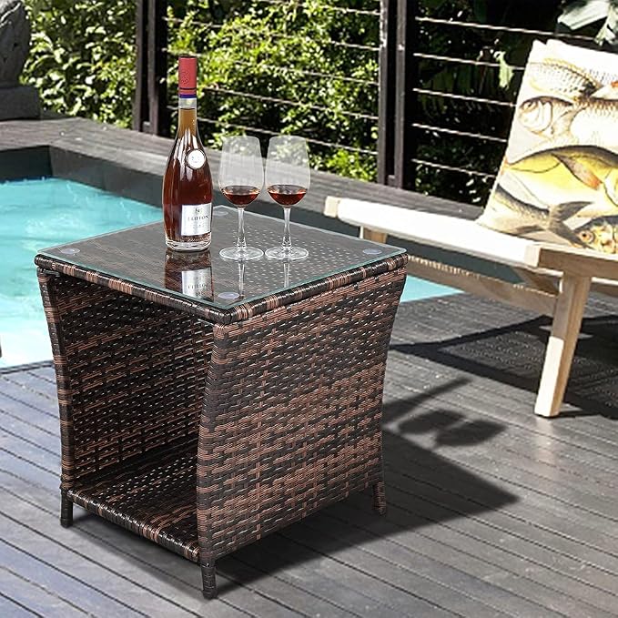 VINGLI Outdoor Wicker Side Table Patio Side Tables for Outside, Tempered Glass Top Wicker Table with Storage End Table for Balcony Porch Deck (Brown) - Image 5
