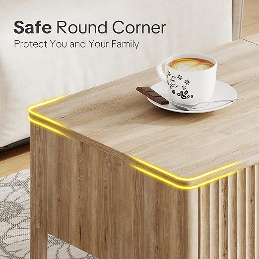 Fluted Lift Top Coffee Table with Hidden & Open Storage, Rectangle Modern Coffee Table for Living Room, Smooth Hydraulic Lift, Large Capacity, Safe Round Corner Easy to Clean, Vertical Grain-Natural