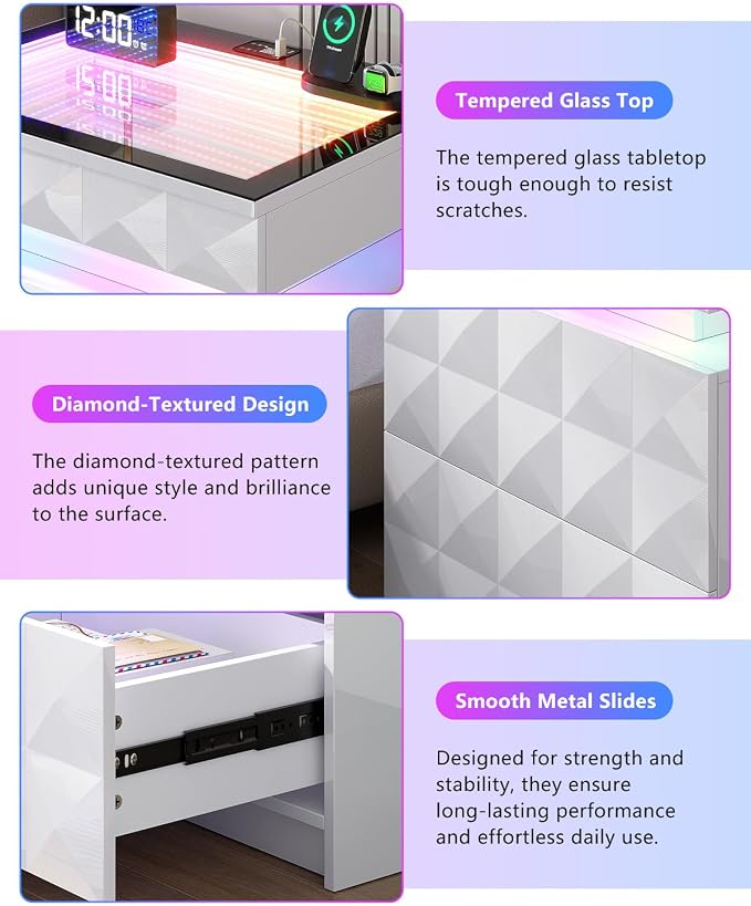 Dystler Night Stand with Charging Station and RGB Lights, LED Nightstand with Tempered Glass and Sliding Top, 3 Drawers Bedside Table with Hidden Storage, Lockable End Side Table for Bedroom, 2 White - Image 7