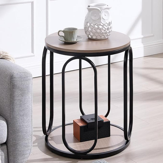 BECHAEO Small Side Table, 19.7" 2-Tier Round Bedside Table with Storage, Wood Industrial Design End Tables for Living Room, Bedroom, Office, Bathroom, Cream Brown