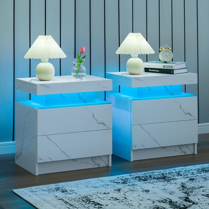 i-aplus Night Stand Set 2 LED Nightstand with 2 Drawers Bedside Table with LED Lights Side Tables for Bedroom Living Room by Unknown