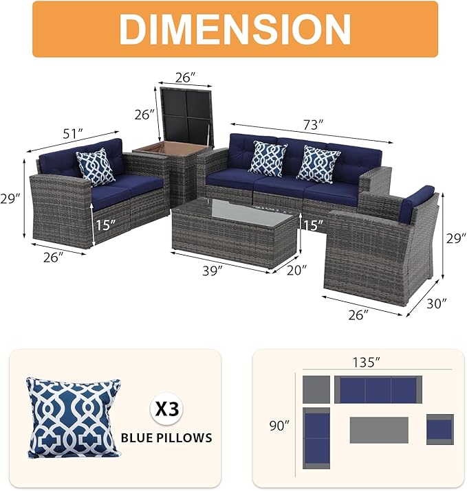 Super Patio 8 Pieces Outdoor Patio Furniture Set, Wicker Patio Conversation Sets with Storage Box, Rattan Outdoor Sectional Sofa Set with Cushions and Coffee Table for Outside Porch, Deck, Navy Blue
