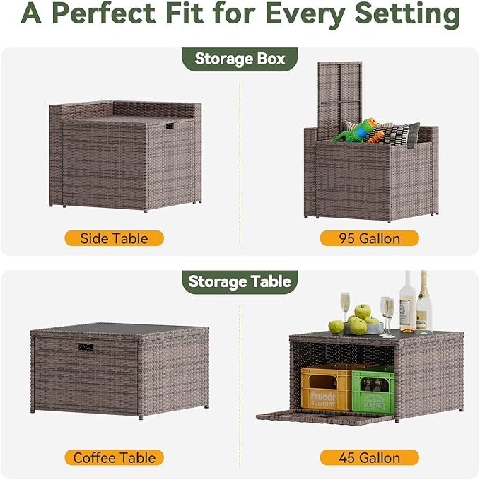 Aoxun 8 Piece Patio Furniture Set, Wicker Outdoor Furniture Set with Storage Box, Patio Sectional Set with Thickened Cushions, Waterproof Cover and 25.6" Coffee Table (Brown& Khaki)