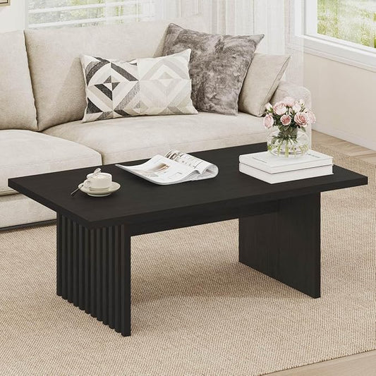 BON AUGURE Coffee Tables for Living Room, 47 Inch Modern Living Room Table, Rectangular Coffee Table with Spacious Tabletop, Slatted Panel Center Tables Centerpiece, Black Oak