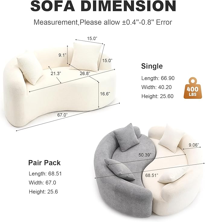 KEIKI S-Curved Loveseat Chenille Couches with 2 Pillows, Upholstered Luxury Plush Cloud Sectional Sofa for Living Room Apartment, Full Sponge Compression