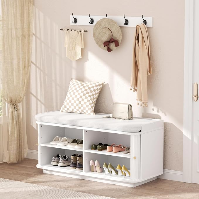 Hall Tree with Bench and Shoe Storage, Entryway Bench with Sliding Door Cabinet, Removable Padded, Metal Wall Hooks and Adjustable Storage Compartments, for Entry, Hallway, Living Room, White - Image 3