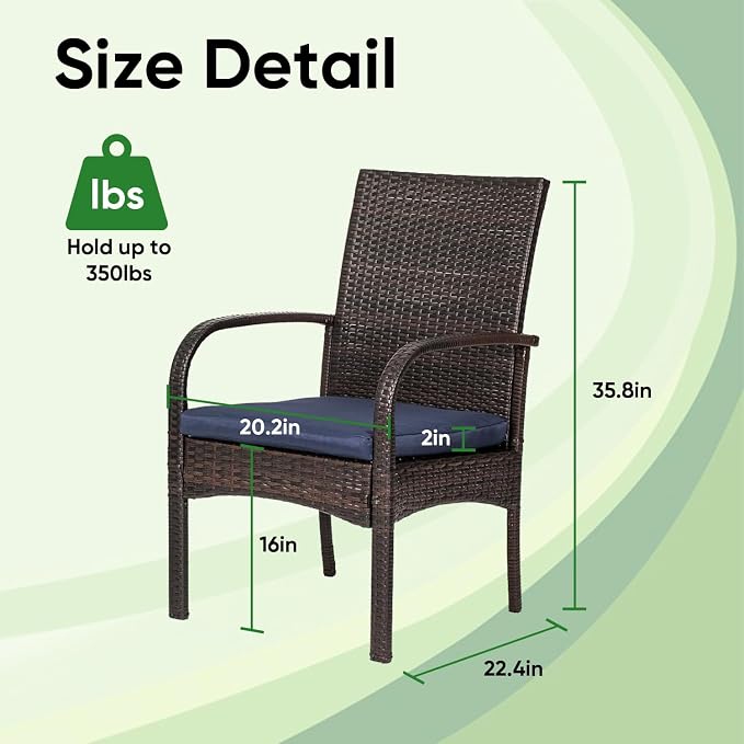 Outdoor Wicker Patio Dining Chairs with Padded Cushions Set of 2: Porch Rattan Chairs Club Chairs with High Back and Deep Seating 350lbs, Brown - Image 4