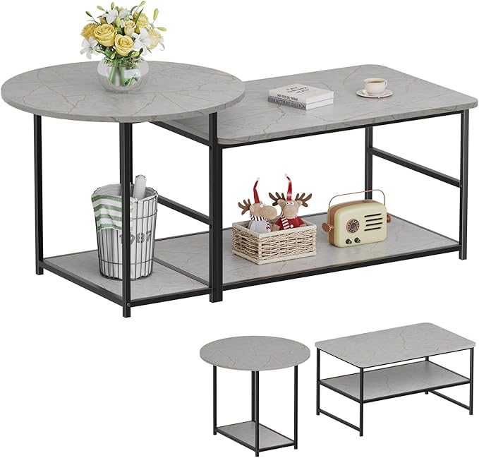 WOHOMO Coffee Table, Modern Style Coffee Tables for Living Room Marble Center Table with Storage 2 in 1 Detachable Nesting Table Set, Grey Marble