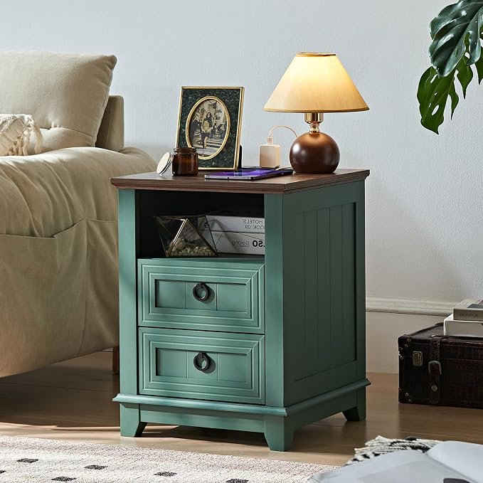 Joaxswe 18" Farmhouse Night Stands Set of 2 with Charging Station, 2 Drawers Bedside End Table, Green Wooden Nightstand, Bed Side Table Cabinet with Open Shelf for Bedroom Living Room Office - Image 3