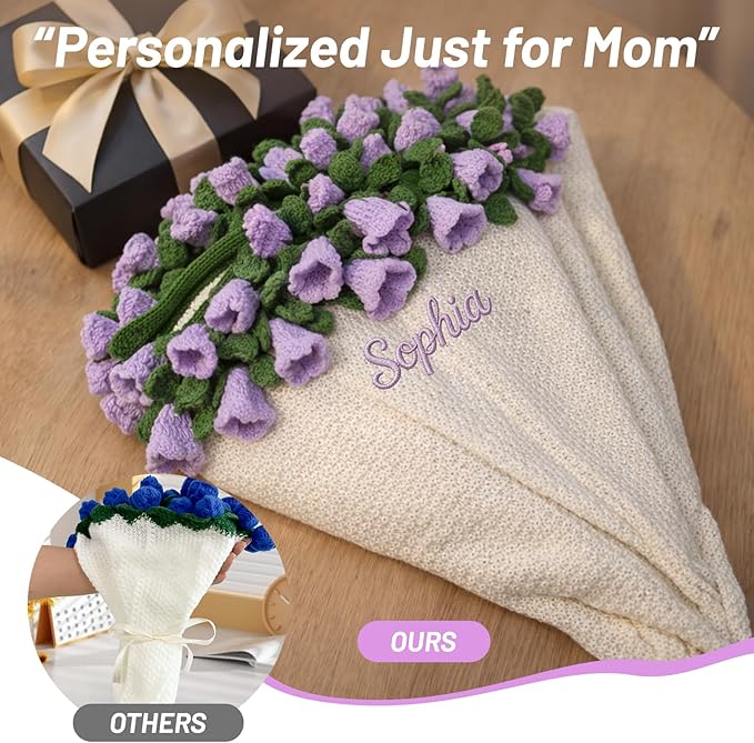 Personalized Handmade Crochet Rose Flower Blanket Bouquet – Custom Name Gift for Mother's Day, Valentine’s Day（Lily of the Valley）