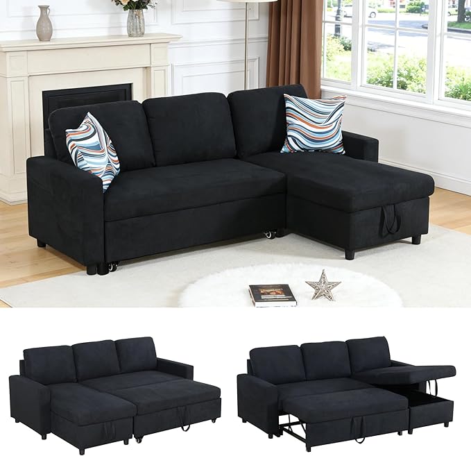 Sectional Sleeper Sofa with Pull Out Bed, L Shaped Pull Out Couch with Storage Chaise, 3 Seats Convertible Couch Bed for Apartment, Living Room, Black
