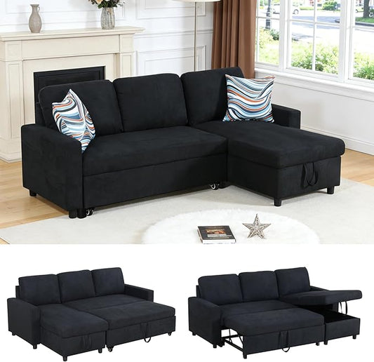 Sectional Sleeper Sofa with Pull Out Bed, L Shaped Pull Out Couch with Storage Chaise, 3 Seats Convertible Couch Bed for Apartment, Living Room, Black